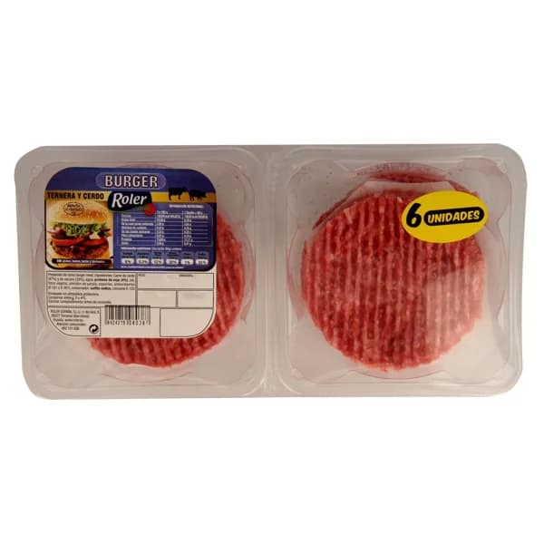 Bandeja con burger meat mixta (vacuno - cero) ROLER 6 x 80 g. - 0.48 kg - Imagen del producto en Findit