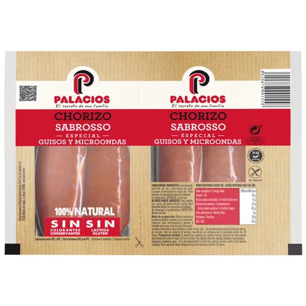 PALACIOS Chorizo Oreado 100% natural, especial guisos y microondas PALACIOS 2 x 100 g. - 0.2 kg - Imagen del producto en Findit
