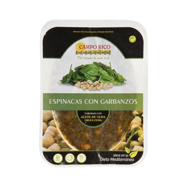 CAMPO RICO Espinacas con garbanzos, sin gluten, listas para calentar y comer CAMPO RICO 250 g. - 0.25 kg - Imagen del producto en Findit