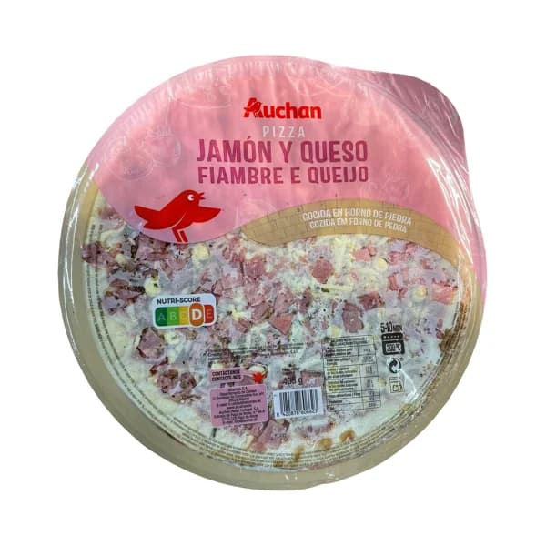 AUCHAN Pizza de jamón y queso cocida en horno de piedra 405 g. Producto Alcampo - 0.41 kg - Imagen del producto en Findit