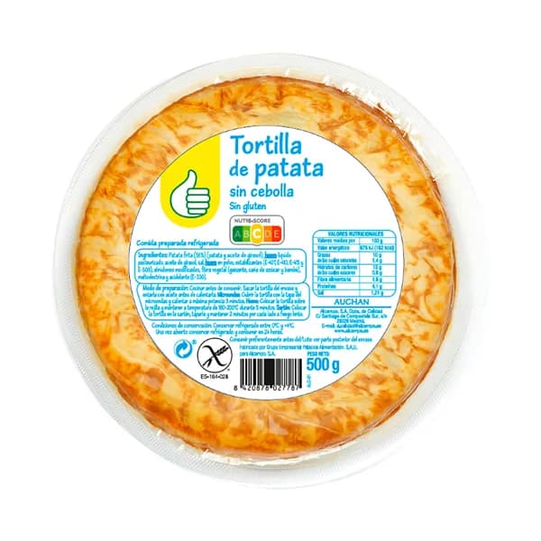 PRODUCTO ECONÓMICO ALCAMPO Tortilla de patata fresca, sin cebolla y sin gluten 500 g. - 0.5 kg - Imagen del producto en Findit