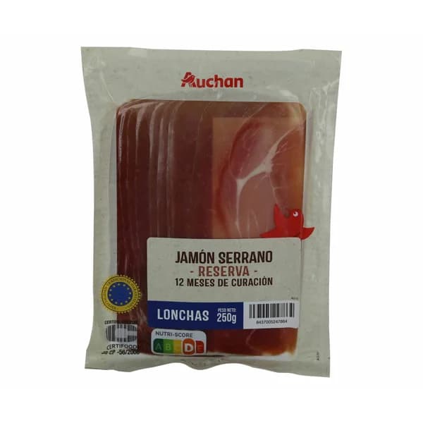 AUCHAN Jamón serrano reserva (curación mínima de 12 meses) cortado en lonchas 250 g. Producto Alcampo - 0.25 kg - Imagen del producto en Findit