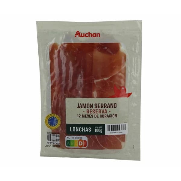 AUCHAN Jamón serrano reserva (curación mínima de 12 meses) cortado en lonchas 100 g. Producto Alcampo - 0.1 kg - Imagen del producto en Findit