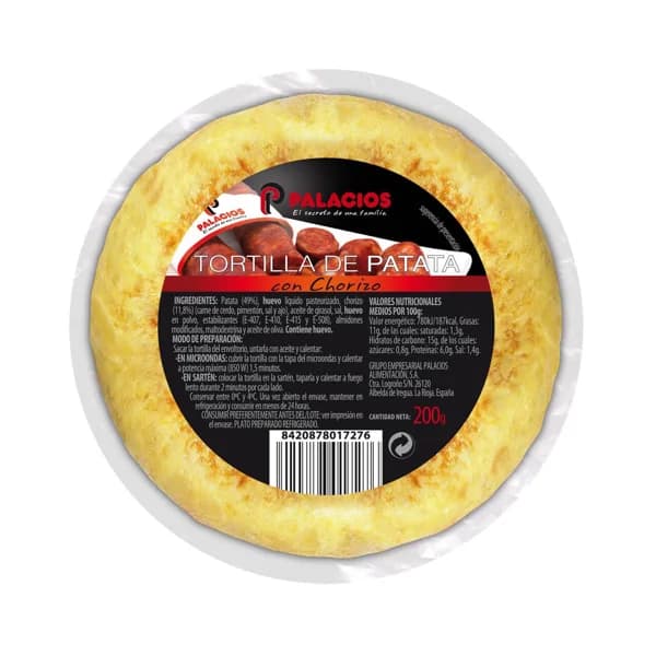 Tortilla fresca de patata con chorizo, lista para calentar y comer PALACIOS 200 g. - 0.2 kg - Imagen del producto en Findit
