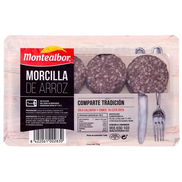 MONTEALBOR Morcilla de arroz frita, lista para calentar y comer MONTEALBOR 250 g. - 0.25 kg - Imagen del producto en Findit