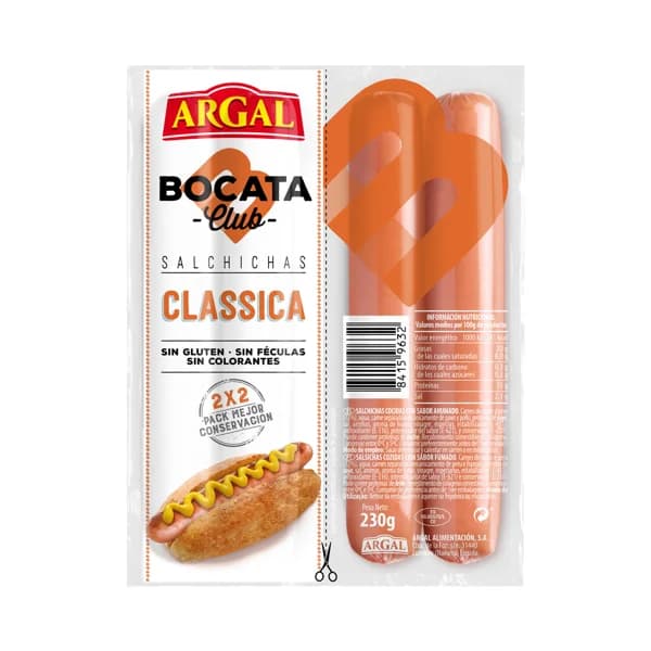ARGAL Salchichas cocidas y ahumadas de cerdo y pavo, tipo Viena ARGAL Bocata club 230 g. - 0.23 kg - Imagen del producto en Findit