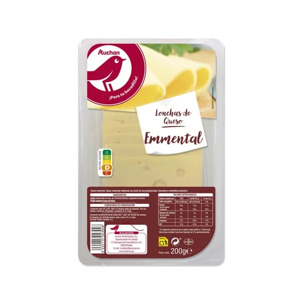 AUCHAN Queso Emmental en lonchas 200 g. Producto Alcampo - 0.2 kg - Imagen del producto en Findit