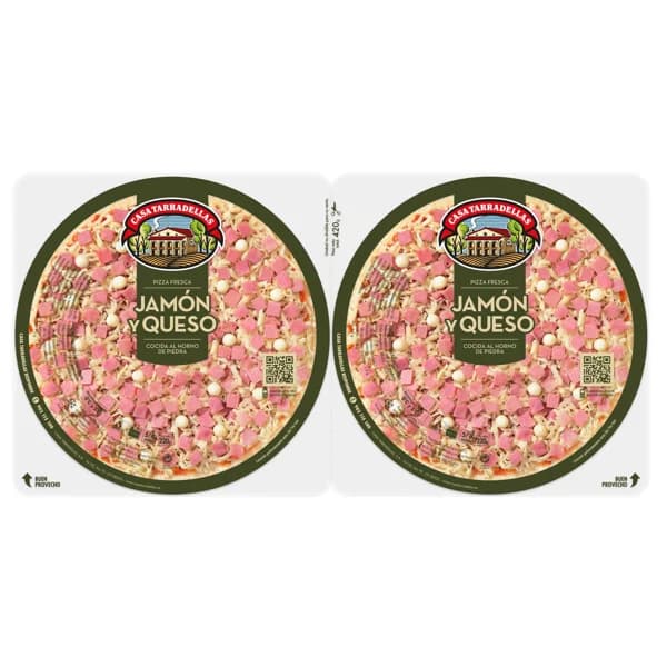 CASA TARRADELLAS Pizzas pequeñas frescas de jamón y queso cocidas al horno de piedra CASA TARRADELLAS 2 x 220 g. - 0.44 kg - Imagen del producto en Findit
