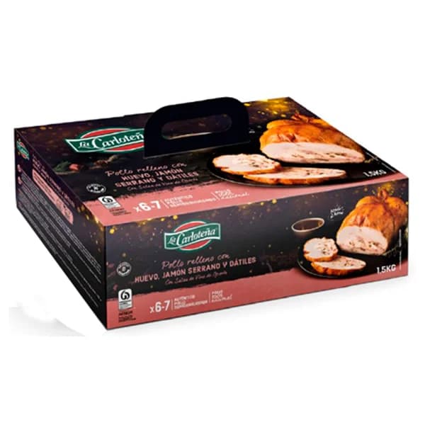 LA CARLOTEÑA Pollo semideshuesado y asado al horno, relleno de huevo, jamón serrano y dátiles LA CARLOTEÑA 1,5 kg. - 1.5 kg - Imagen del producto en Findit