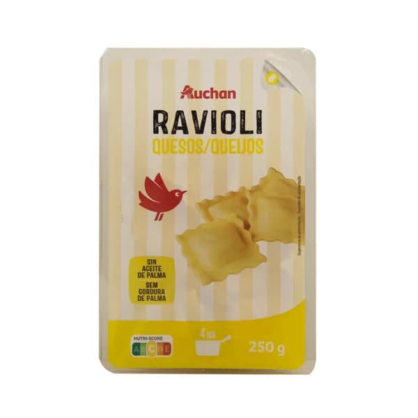 AUCHAN Ravioli de pasta fresca al huevo rellenos de una mezcla de queos 250 g. Producto Alcampo - 0.25 kg - Imagen del producto en Findit