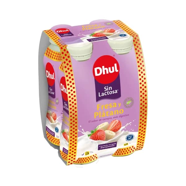 DHUL Yogur líquido para beber, sin lactosa con fresa y plátano Sin lactosa 4 x 160 g. - 0.62 l - Imagen del producto en Findit
