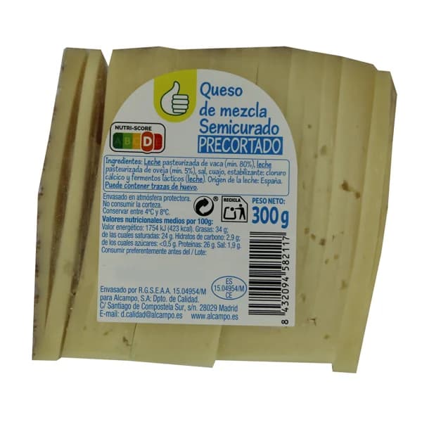 PRODUCTO ECONÓMICO ALCAMPO Queso mezcla semicurado precortado PRODUCTO ECONÓMICO ALCAMPO YA CORTADO 300 g. - 0.3 kg - Imagen del producto en Findit