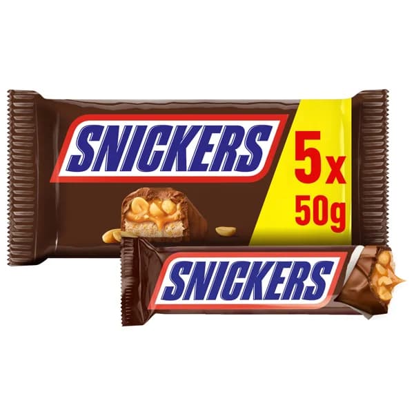 SNICKERS Barritas de chocolate con leche rellenas de crema de cacahuete 5 uds. 50 g. - 0.25 kg - Imagen del producto en Findit