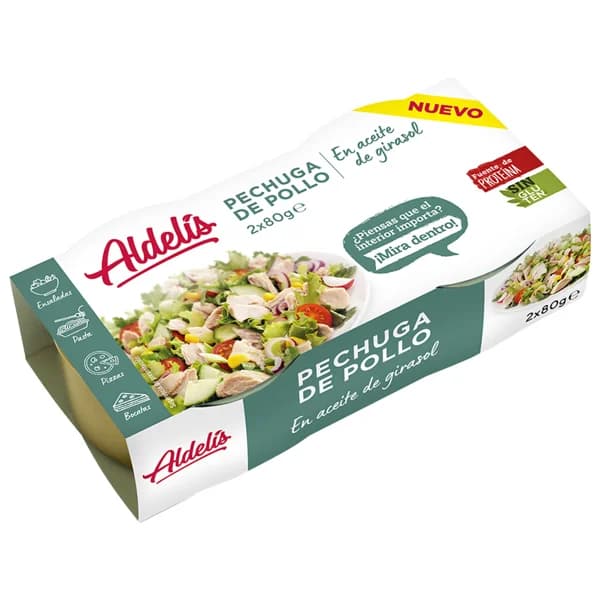 ALDELÍS Pechuga de pollo, conserva en aceite de girasol ALDELÍS 2 uds.x 80 g. - 0.1 kg - Imagen del producto en Findit