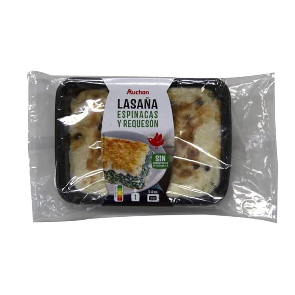 AUCHAN Lasaña rellena de espinacas y requesón, lista para calentar y comer 350 g. Producto Alcampo - 0.35 kg - Imagen del producto en Findit
