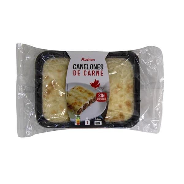 AUCHAN Canelones rellenos de carne picada, listos para calentar y comer 350 g. Producto Alcampo - 0.35 kg - Imagen del producto en Findit