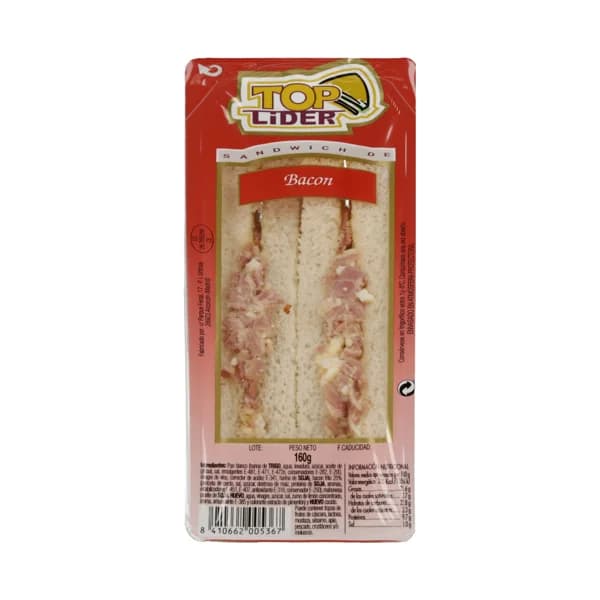 TOP LIDER Sandwich de pan blanco con bacon y huevo cocido TOP LIDER 160 g. - 0.18 kg - Imagen del producto en Findit