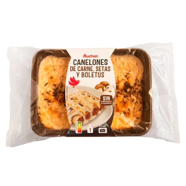 AUCHAN Canelones rellenos de carne, setas y boletus, listos para calentar y comer 350 g. Producto Alcampo - 0.35 kg - Imagen del producto en Findit