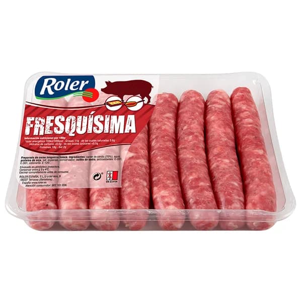 Bandeja con longanizas (salchichas) blancas y frescas de cerdo, elaboradas sin gluten ROLER 8 uds. - 0.32 kg - Imagen del producto en Findit