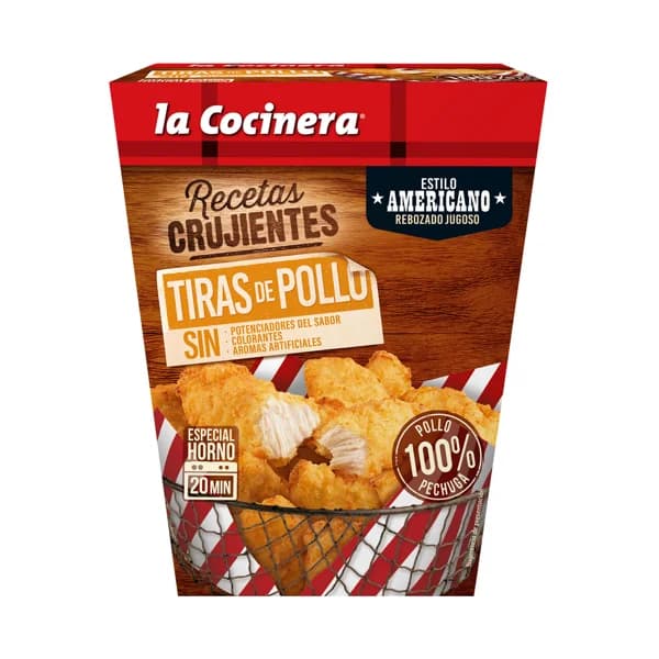 LA COCINERA Tiras de pechuga 100% de pollo marinadas y rebozadas al estilo americano Recetas crujientes 350 g. - 0.35 kg - Imagen del producto en Findit