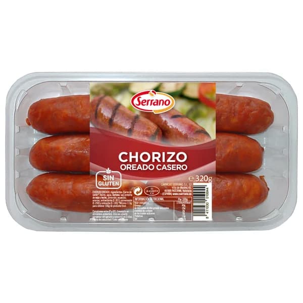 Bandeja con chorizos oreados casero, elaborados sin gluten SERRANO 320 g. - 0.32 kg - Imagen del producto en Findit