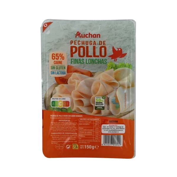 AUCHAN Pechuga de pollo cocida con sabor ahumado, cortada en finas lonchas 150 g. Producto Alcampo - 0.15 kg - Imagen del producto en Findit