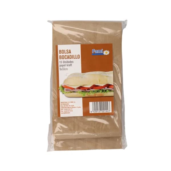 FAMI Bolsa de bocadillo de papel kraft FAMI 9 x 33 cm. 15 uds. - 1 ud - Imagen del producto en Findit