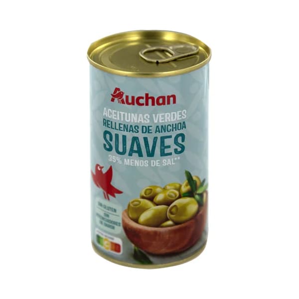 PRODUCTO ALCAMPO Aceitunas verdes suaves rellenas de anchoa y con un 35% menos de sal lata 150 g. - 0.15 kg - Imagen del producto en Findit