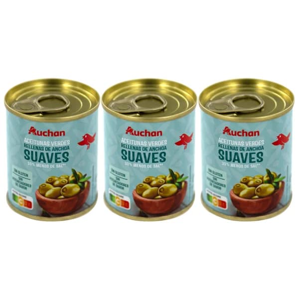 PRODUCTO ALCAMPO Aceitunas verdes suaves rellenas de anchoa y con un 35% menos de sal 3 x 50 g. - 0.15 kg - Imagen del producto en Findit