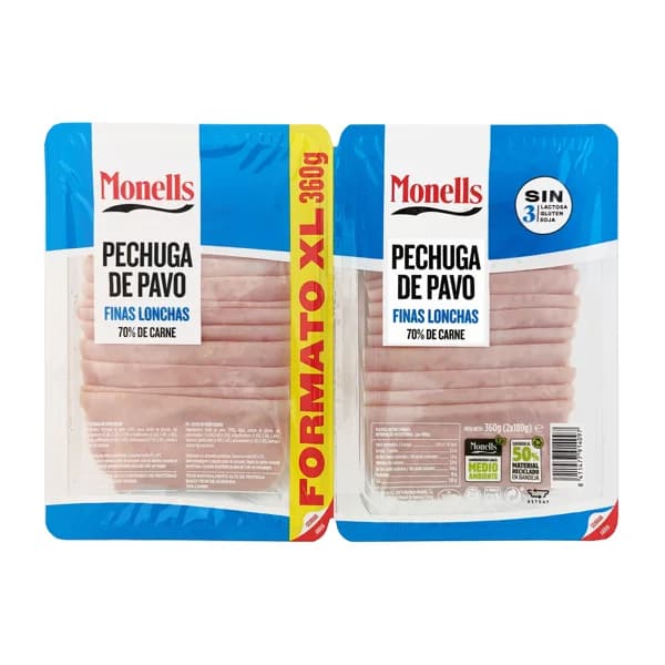 MONELLS Pechuga de pavo cocida, sin gluten y cortada en finas lonchas MONELLS 2 x 180 g. - 0.36 kg - Imagen del producto en Findit