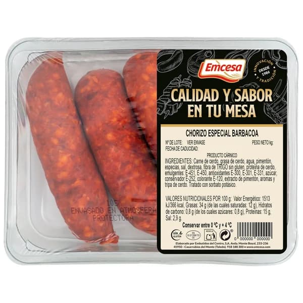 EMCESA Bandeja de chorizos especiales para barbacoa, elaborados sin gluten - 1 ud - Imagen del producto en Findit