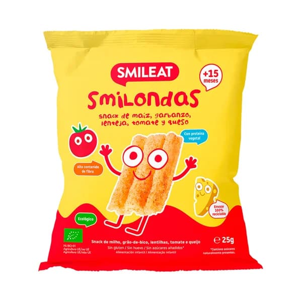 SMILEAT Smilondas Snacks de maiz, garbanzo, lenteja, tomate y queso ecológicos, a partir de 15 meses 25 g. - 0.03 kg - Imagen del producto en Findit