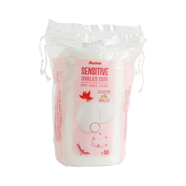 PRODUCTO ALCAMPO Discos desmaquillantes ovalados de algodón 100%, con aloe vera AUCHAN Sensitive 50 uds. - 1 ud - Imagen del producto en Findit