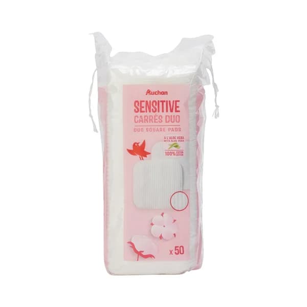 PRODUCTO ALCAMPO Cuadrados desmaquillantes de algodón 100%, con aloe vera PRODUCTO ALCAMPO Sensitive 50 uds. - 1 ud - Imagen del producto en Findit