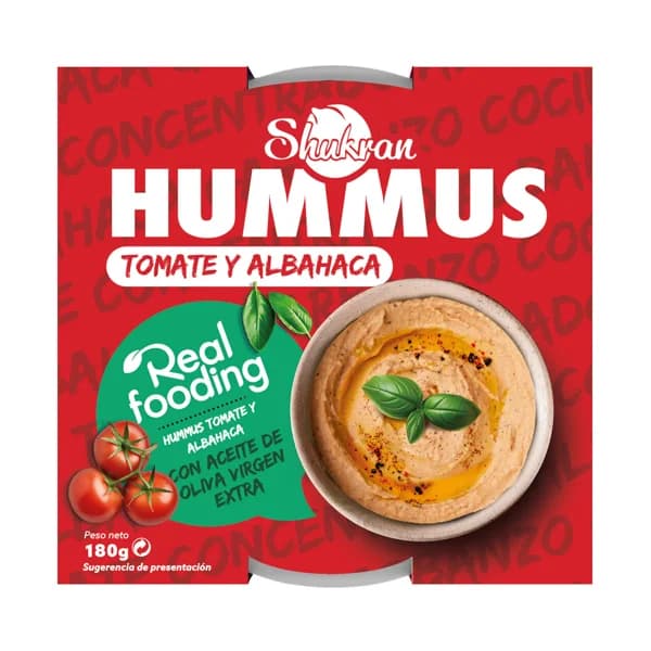 SHUKRAN Humus de garbanzo cocido, con tomate concentrado, albahaca y AOVE 180 g. - 0.18 kg - Imagen del producto en Findit