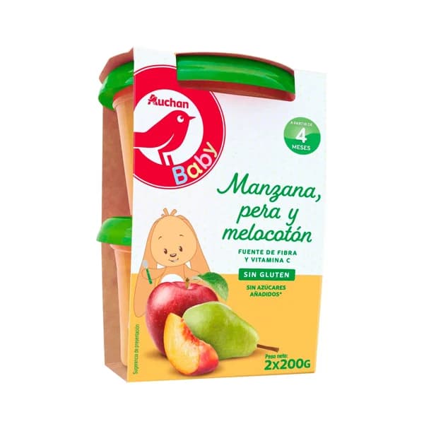 ALCAMPO BABY Tarritos de frutas (manzana, pera y melocotón), a partir de 4 meses 2 x 200 g. - 0.4 kg - Imagen del producto en Findit