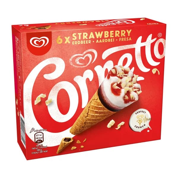 CORNETTO Conos de helado de leche, con salsa de fresa y chocolate blanco 6 x 90 ml. - 0.54 l - Imagen del producto en Findit