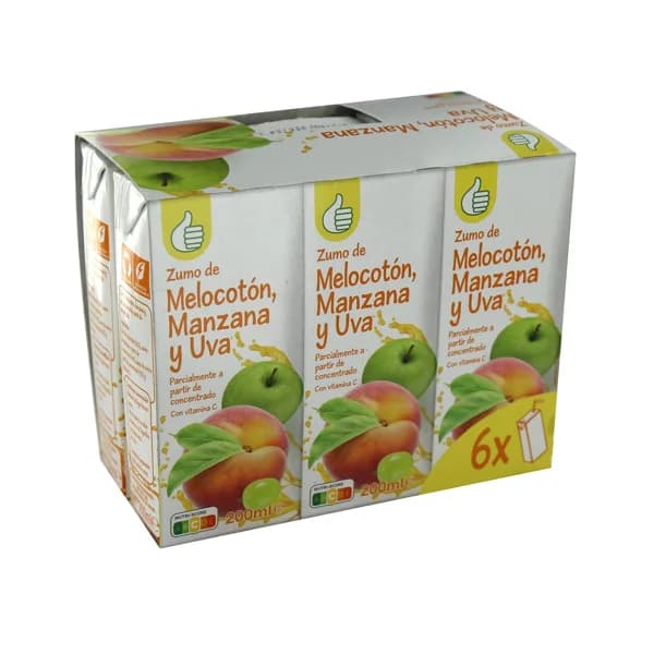 PRODUCTO ECONÓMICO ALCAMPO Zumo de melocotón, uva y manzana PRODUCTO ECONÓMICO ALCAMPO brick 6 uds x 20 cl. - 1.2 l - Imagen del producto en Findit