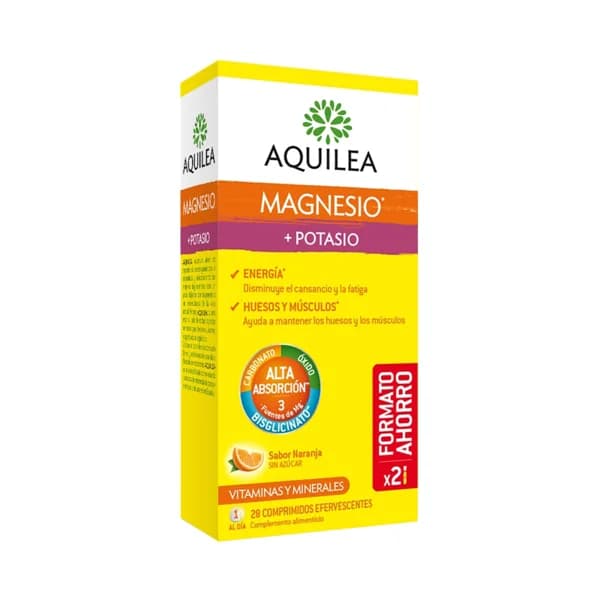 AQUILEA Magnesio + potasio en comprimidos efervescentes, sin azucar y con sabor a naranja AQUILEA 28 uds. - 1 ud - Imagen del producto en Findit