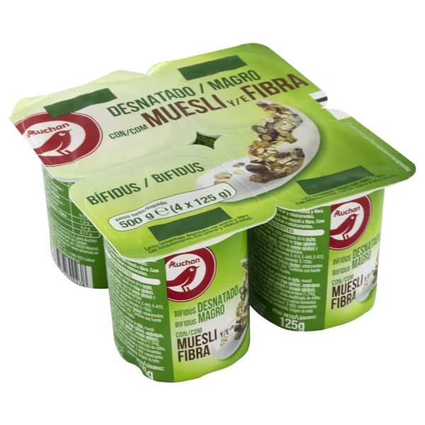 AUCHAN Bífidus desnatado (0% materia grasa) con muesli y fibra 4 x 125 g. Producto Alcampo - 0.5 kg - Imagen del producto en Findit