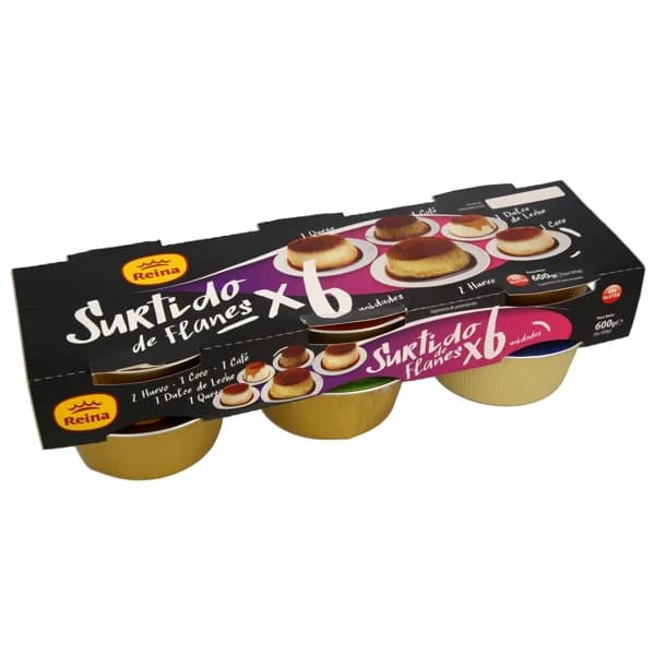 REINA Flan de diferentes sabores (huevo (2), coco, café, dulce de leche, queso) sin gluten REINA 6 x 100 g. - 0.6 kg - Imagen del producto en Findit