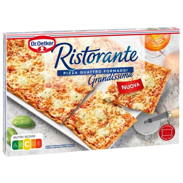 DR. OETKER Ristorante grandissima Pizza congelada de masa fina 4 quesos (Mozazarella, Edam, Emmental, Azul) 560 g. - 0.56 kg - Imagen del producto en Findit