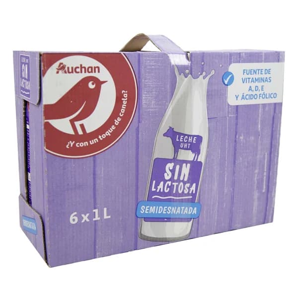 AUCHAN Leche semidesnatada de vaca, sin lactosa 6 x 1l. Producto Alcampo - 6 l - Imagen del producto en Findit