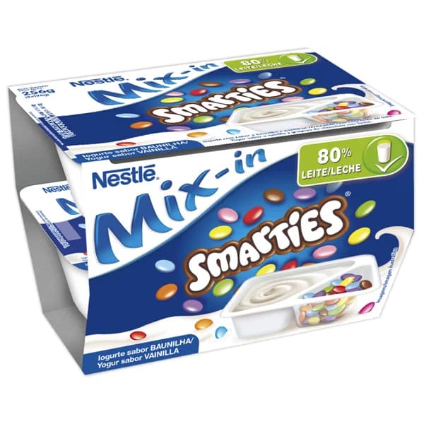 NESTLÉ Yogur de vainilla con grageas de chocolate con leche Smarties mix-in 2 x 128 g. - 0.26 kg - Imagen del producto en Findit
