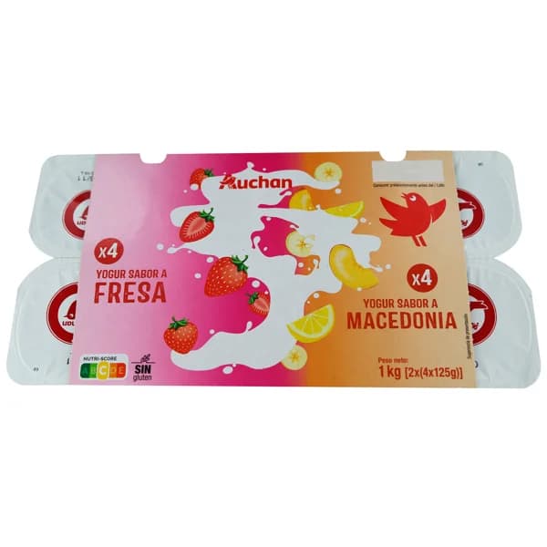 AUCHAN Yogures de sabores variados (4 de fresa y 4 de macedonia) 8 x 125 g Producto Alcampo. - 1 kg - Imagen del producto en Findit