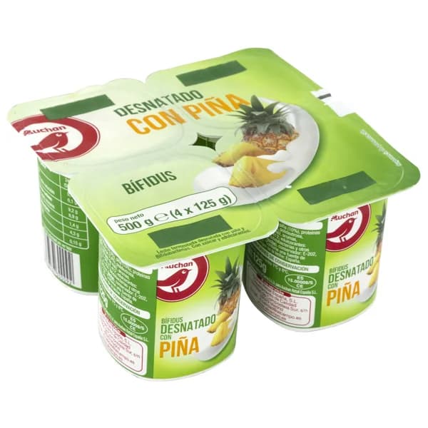AUCHAN Bífidus desnatado con trocitos de piña 4 x 125 g. Producto Alcampo - 0.5 kg - Imagen del producto en Findit