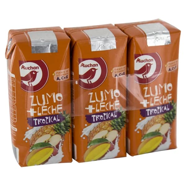 AUCHAN Leche con zumo de frutas tropicales 3 x 330 ml. Producto Alcampo - 0.99 l - Imagen del producto en Findit