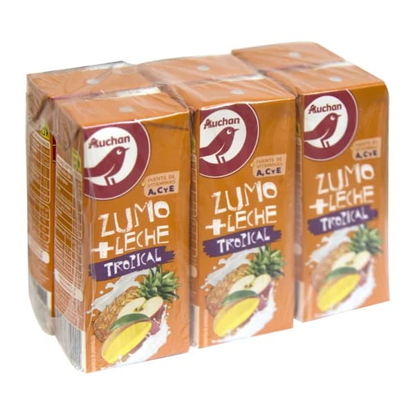 AUCHAN Leche y zumo de frutas tropicales (piña, manzana, mango) 6 x 200 ml. Producto Alcampo - 1.2 l - Imagen del producto en Findit