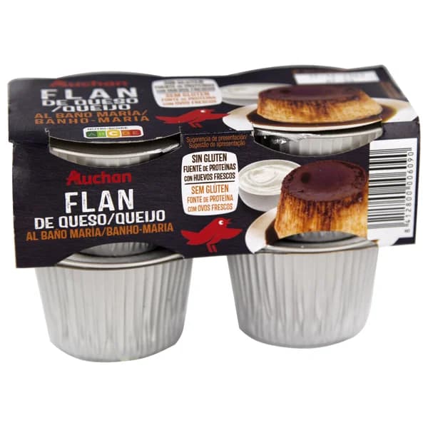 AUCHAN Flan de queso al baño Maria elaborado con huevos frescos 4 x 100 g. Producto Alcampo - 0.4 kg - Imagen del producto en Findit