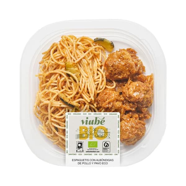 VIUBÉ Bio Espaguetis con albóndigas de pollo y pavo ecológicos 220 g. - 0.22 kg - Imagen del producto en Findit